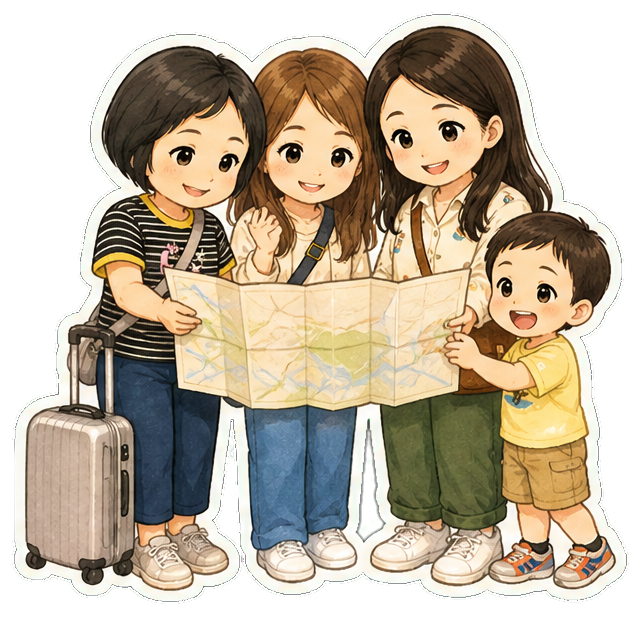 Q版一家四口看地圖插圖